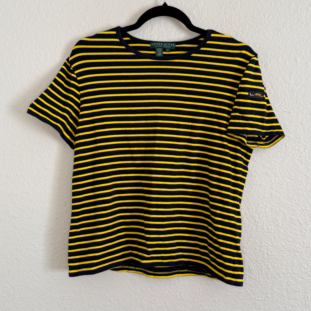 Lauren Ralph Lauren Womens Large Yellow Striped Top Tennis‎ Prep Nautical Sporty
